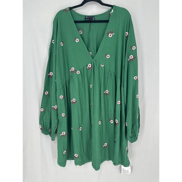 Asos Curve Dress Womens 18 Green Mini Tiered Floral Long Sleeve Embroidered Boho - Picture 1 of 7